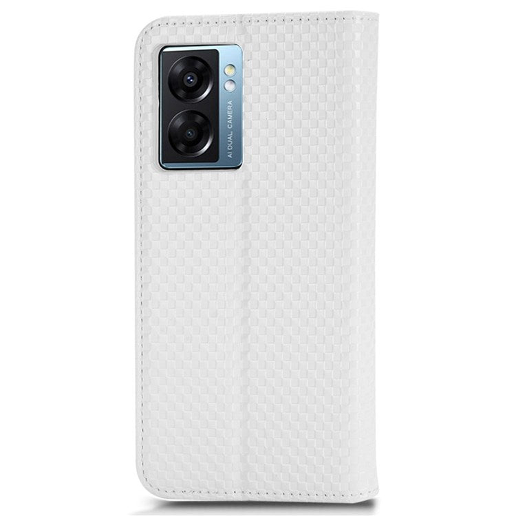For Oppo A57 (2022) 5G / A77 5G / OnePlus Nord N300 5G / Realme Narzo 50 5G / V23 5G Grid Texture PU Leather Stand Wallet Case Magnetic Auto-absorbed Phone Cover - White
