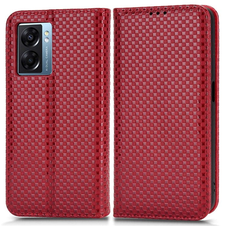 For Oppo A57 (2022) 5G / A77 5G / OnePlus Nord N300 5G / Realme Narzo 50 5G / V23 5G Grid Texture PU Leather Stand Wallet Case Magnetic Auto-absorbed Phone Cover - Wine Red