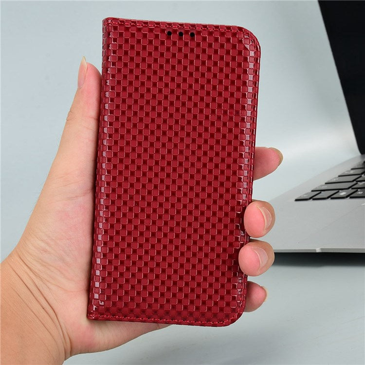 For Oppo A57 (2022) 5G / A77 5G / OnePlus Nord N300 5G / Realme Narzo 50 5G / V23 5G Grid Texture PU Leather Stand Wallet Case Magnetic Auto-absorbed Phone Cover - Wine Red