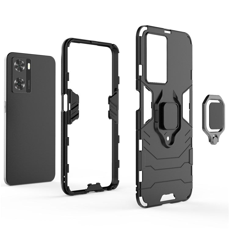 Soft TPU + Hard PC Hybrid Case for Oppo A57 4G / A57s 4G, Ring Kickstand Well-protected Shockproof Phone Shell - Black