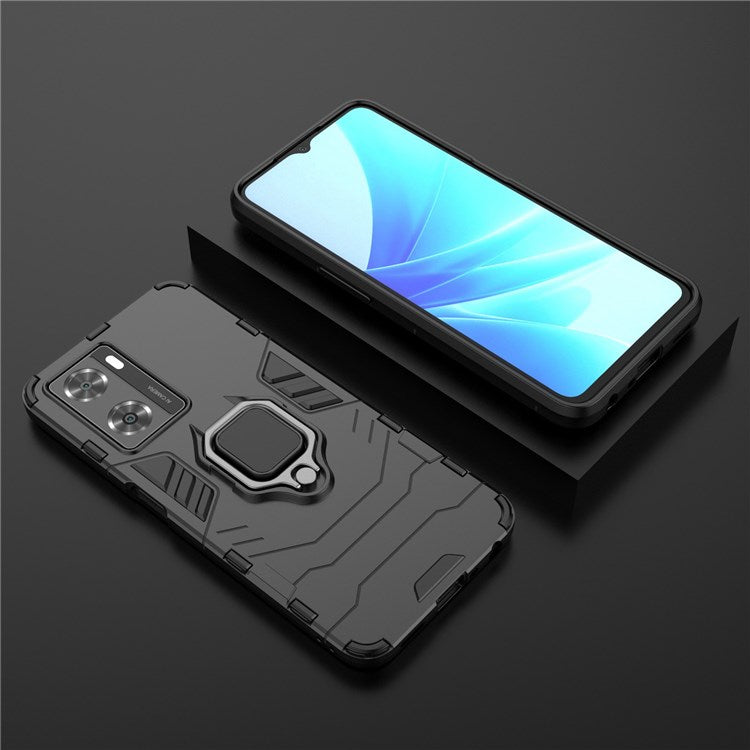 Soft TPU + Hard PC Hybrid Case for Oppo A57 4G / A57s 4G, Ring Kickstand Well-protected Shockproof Phone Shell - Black