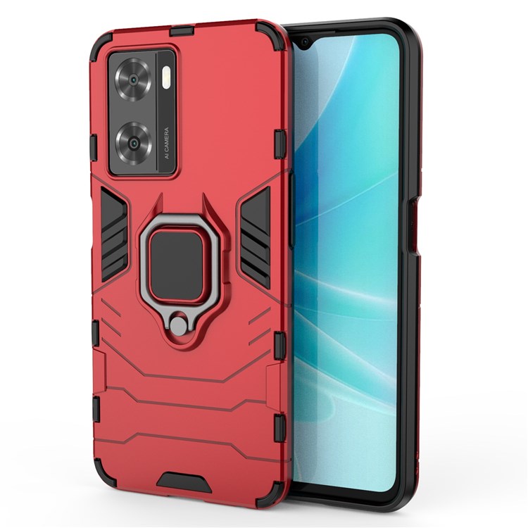 Soft TPU + Hard PC Hybrid Case for Oppo A57 4G / A57s 4G, Ring Kickstand Well-protected Shockproof Phone Shell - Red