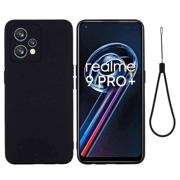 For Realme 9 4G / Narzo 50 Pro 5G  Liquid Silicone Case Anti-scratch Good Protection Cover with Strap - Black