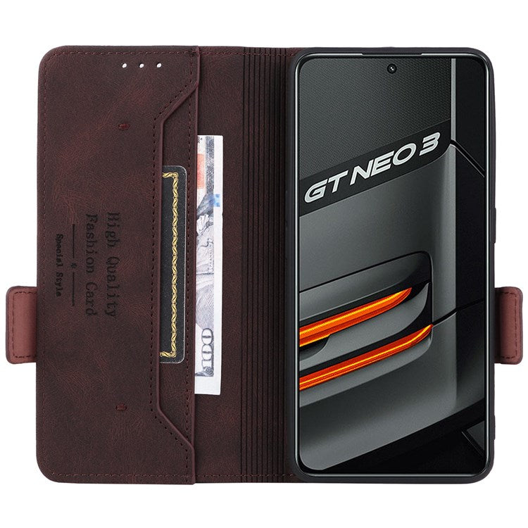 For Realme GT Neo3 Hardware Decor Foldable Stand Phone Wallet Case Double Magnetic Clasps PU Leather Protective Cover - Coffee