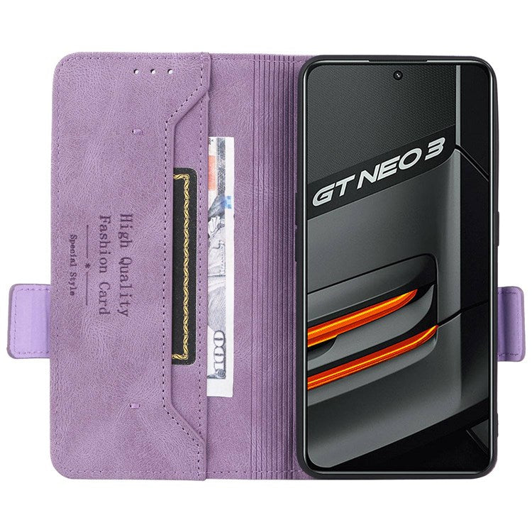 For Realme GT Neo3 Hardware Decor Foldable Stand Phone Wallet Case Double Magnetic Clasps PU Leather Protective Cover - Purple