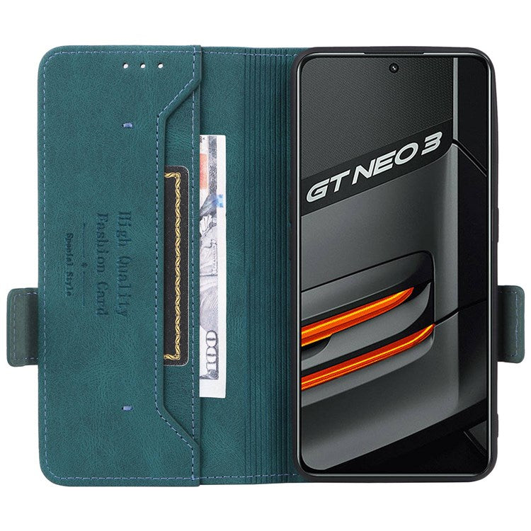 For Realme GT Neo3 Hardware Decor Foldable Stand Phone Wallet Case Double Magnetic Clasps PU Leather Protective Cover - Blue
