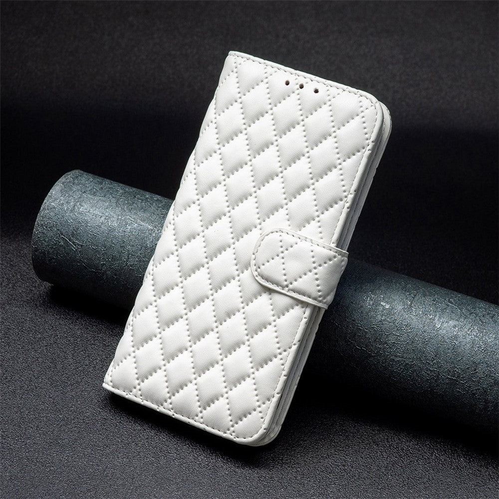 BINFEN COLOR For Samsung Galaxy M23 5G / F23 5G Matte Case BF Style-14 Imprinted Rhombus Pattern PU Leather Wallet Flip Cover with Stand - White