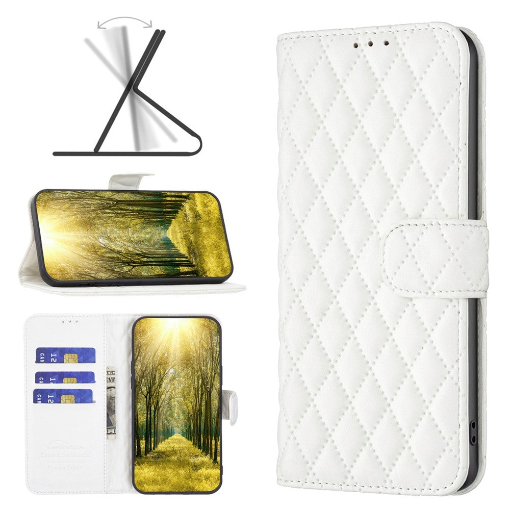 BINFEN COLOR For Samsung Galaxy M23 5G / F23 5G Matte Case BF Style-14 Imprinted Rhombus Pattern PU Leather Wallet Flip Cover with Stand - White