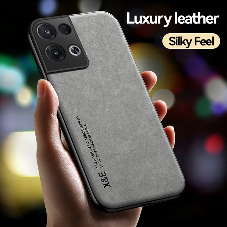 X&E Skin-touch Phone Case for Oppo Reno8 5G (Global Version) / Reno8 5G, Precise Cutout PU Leather Coated TPU Cover with Car Mount Metal Sheet - Light Grey