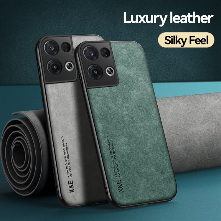 X&E Skin-touch Phone Case for Oppo Reno8 5G (Global Version) / Reno8 5G, Precise Cutout PU Leather Coated TPU Cover with Car Mount Metal Sheet - Blue