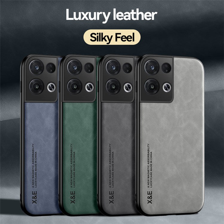 X&E Skin-touch Phone Case for Oppo Reno8 5G (Global Version) / Reno8 5G, Precise Cutout PU Leather Coated TPU Cover with Car Mount Metal Sheet - Blue