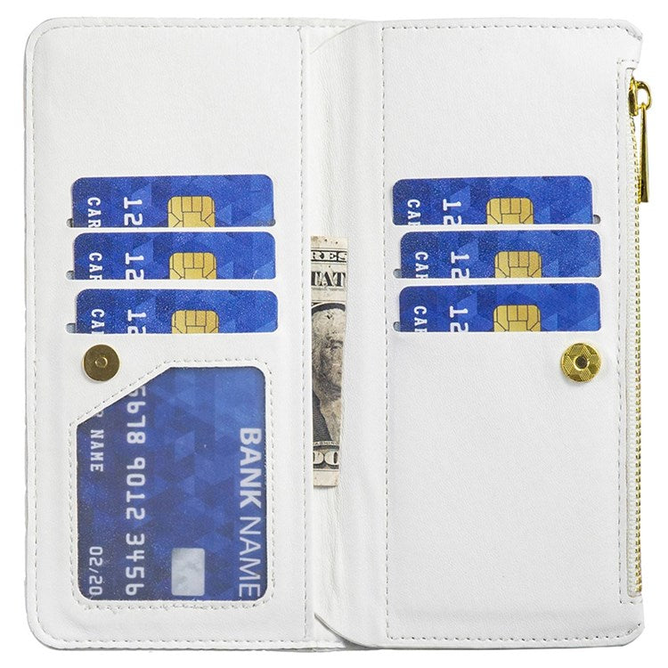 BINFEN COLOR BF Style-15 Phone Cover for vivo Y21 / Y21s / Y33s, Zipper Pocket Design Imprinted Rhombus Pattern Matte Anti-drop Cover PU Leather Wallet Folio Flip Mobile Phone Case - White