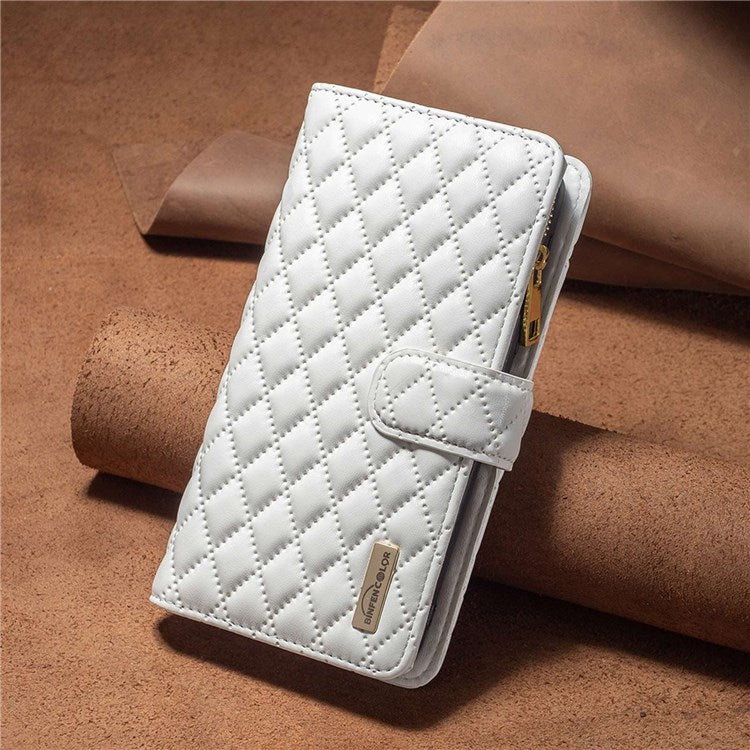 BINFEN COLOR BF Style-15 Phone Cover for vivo Y21 / Y21s / Y33s, Zipper Pocket Design Imprinted Rhombus Pattern Matte Anti-drop Cover PU Leather Wallet Folio Flip Mobile Phone Case - White