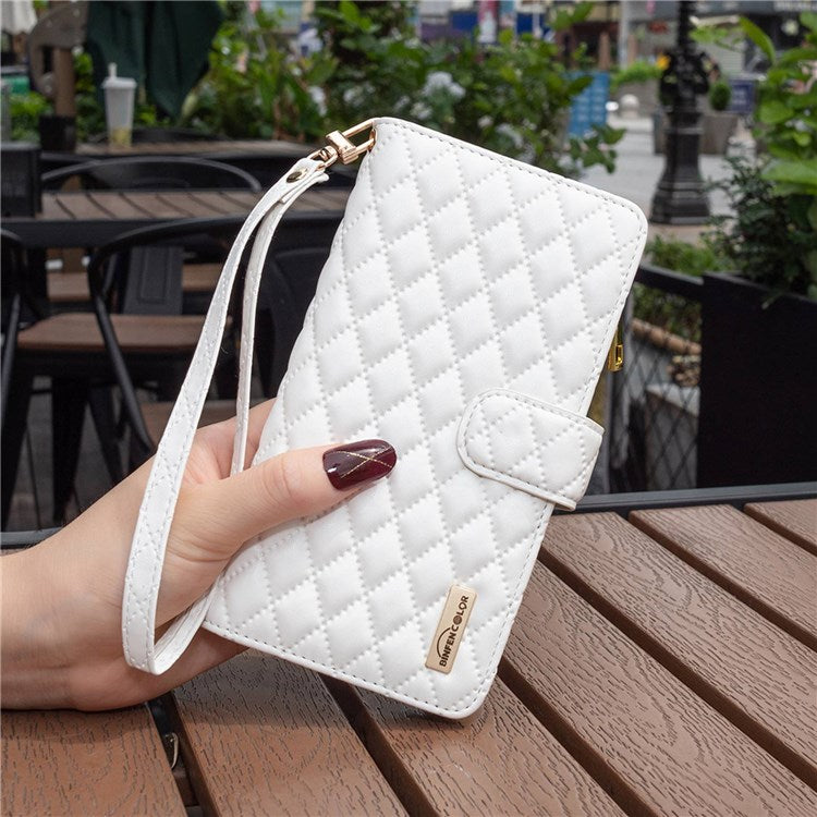 BINFEN COLOR BF Style-15 Phone Cover for vivo Y21 / Y21s / Y33s, Zipper Pocket Design Imprinted Rhombus Pattern Matte Anti-drop Cover PU Leather Wallet Folio Flip Mobile Phone Case - White