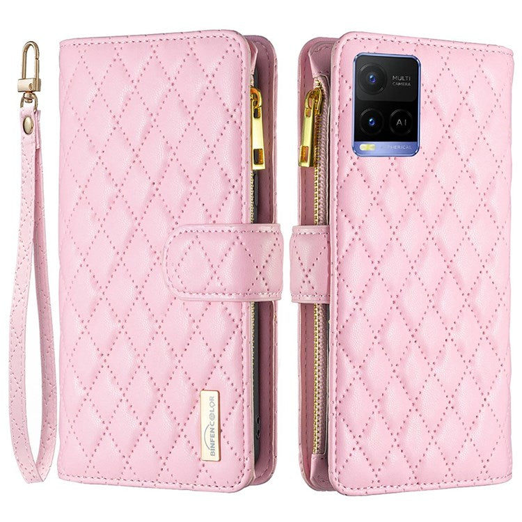 BINFEN COLOR BF Style-15 Phone Cover for vivo Y21 / Y21s / Y33s, Zipper Pocket Design Imprinted Rhombus Pattern Matte Anti-drop Cover PU Leather Wallet Folio Flip Mobile Phone Case - Pink