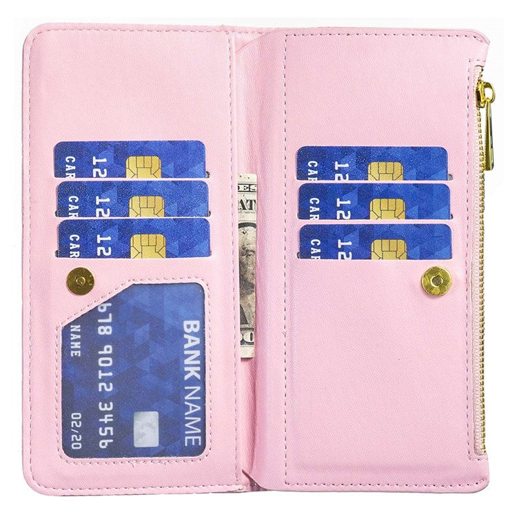 BINFEN COLOR BF Style-15 Phone Cover for vivo Y21 / Y21s / Y33s, Zipper Pocket Design Imprinted Rhombus Pattern Matte Anti-drop Cover PU Leather Wallet Folio Flip Mobile Phone Case - Pink