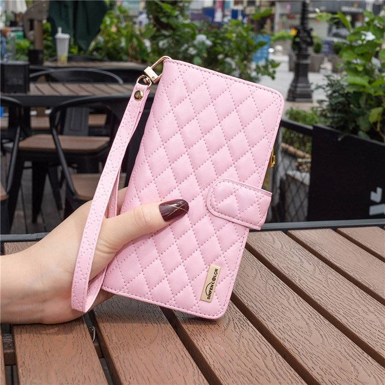 BINFEN COLOR BF Style-15 Phone Cover for vivo Y21 / Y21s / Y33s, Zipper Pocket Design Imprinted Rhombus Pattern Matte Anti-drop Cover PU Leather Wallet Folio Flip Mobile Phone Case - Pink