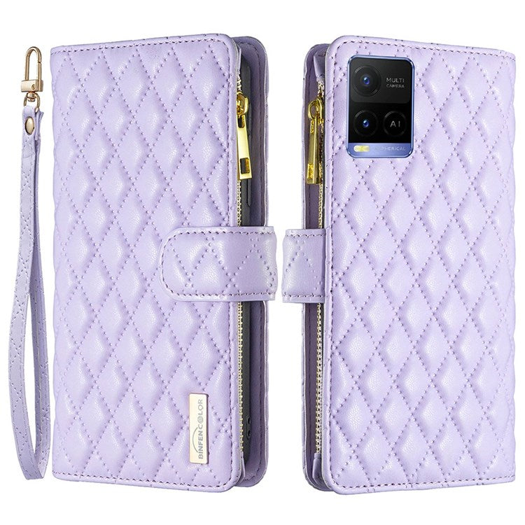 BINFEN COLOR BF Style-15 Phone Cover for vivo Y21 / Y21s / Y33s, Zipper Pocket Design Imprinted Rhombus Pattern Matte Anti-drop Cover PU Leather Wallet Folio Flip Mobile Phone Case - Purple