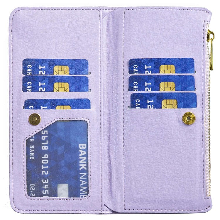 BINFEN COLOR BF Style-15 Phone Cover for vivo Y21 / Y21s / Y33s, Zipper Pocket Design Imprinted Rhombus Pattern Matte Anti-drop Cover PU Leather Wallet Folio Flip Mobile Phone Case - Purple