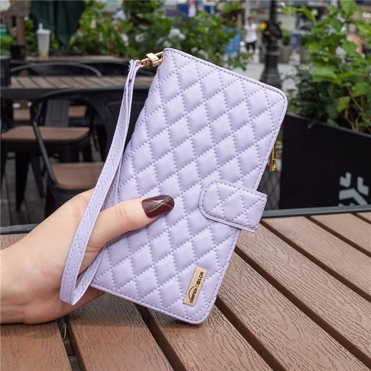 BINFEN COLOR BF Style-15 Phone Cover for vivo Y21 / Y21s / Y33s, Zipper Pocket Design Imprinted Rhombus Pattern Matte Anti-drop Cover PU Leather Wallet Folio Flip Mobile Phone Case - Purple