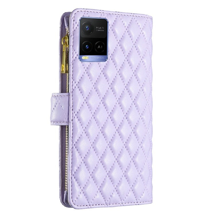 BINFEN COLOR BF Style-15 Phone Cover for vivo Y21 / Y21s / Y33s, Zipper Pocket Design Imprinted Rhombus Pattern Matte Anti-drop Cover PU Leather Wallet Folio Flip Mobile Phone Case - Purple