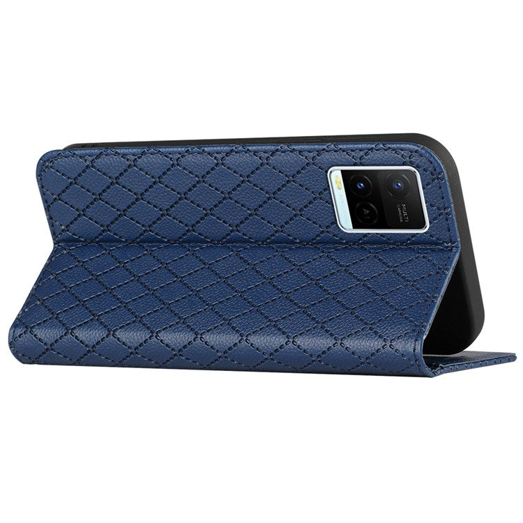 For vivo Y21 / Y33s / Y21s Protective Case Anti-Drop Folio Flip Cover Rhombus Pattern Embossed PU Leather Stand Case RFID Blocking Phone Cover with Wallet - Blue