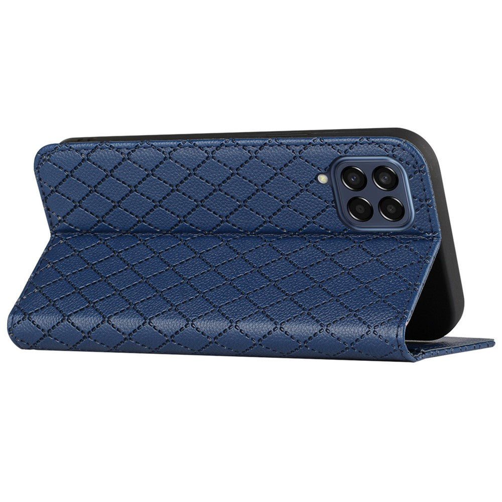 RFID Blocking PU Leather Cover for Samsung Galaxy M53 5G, Litchi Texture Flip Stand Wallet Phone Case Magnetic Adsorption Rhombus Embossing Protective Cover - Blue