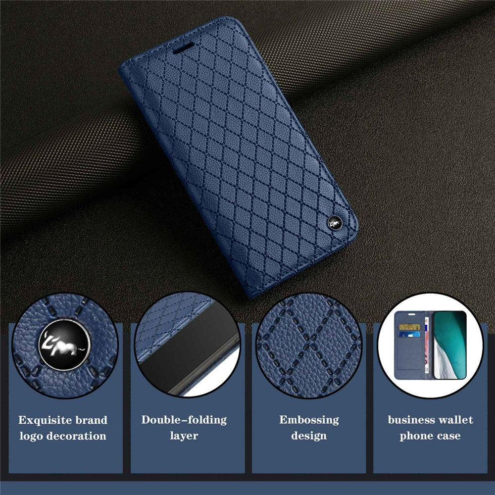 RFID Blocking PU Leather Cover for Samsung Galaxy M53 5G, Litchi Texture Flip Stand Wallet Phone Case Magnetic Adsorption Rhombus Embossing Protective Cover - Blue