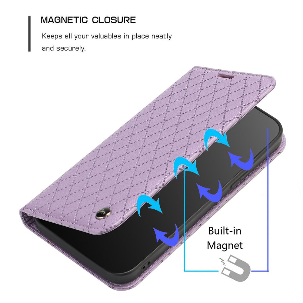RFID Blocking PU Leather Cover for Samsung Galaxy M53 5G, Litchi Texture Flip Stand Wallet Phone Case Magnetic Adsorption Rhombus Embossing Protective Cover - Purple