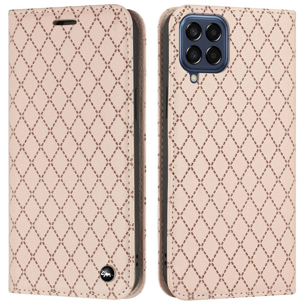 RFID Blocking PU Leather Cover for Samsung Galaxy M53 5G, Litchi Texture Flip Stand Wallet Phone Case Magnetic Adsorption Rhombus Embossing Protective Cover - Yellow