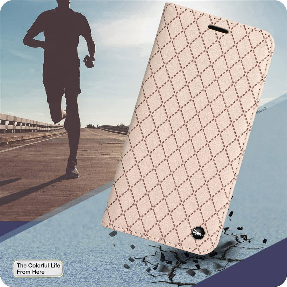 RFID Blocking PU Leather Cover for Samsung Galaxy M53 5G, Litchi Texture Flip Stand Wallet Phone Case Magnetic Adsorption Rhombus Embossing Protective Cover - Yellow