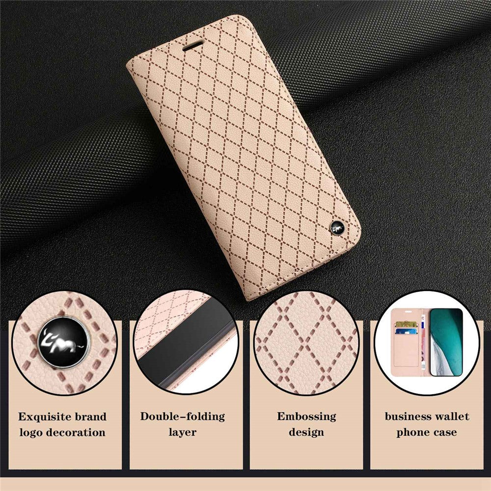 RFID Blocking PU Leather Cover for Samsung Galaxy M53 5G, Litchi Texture Flip Stand Wallet Phone Case Magnetic Adsorption Rhombus Embossing Protective Cover - Yellow