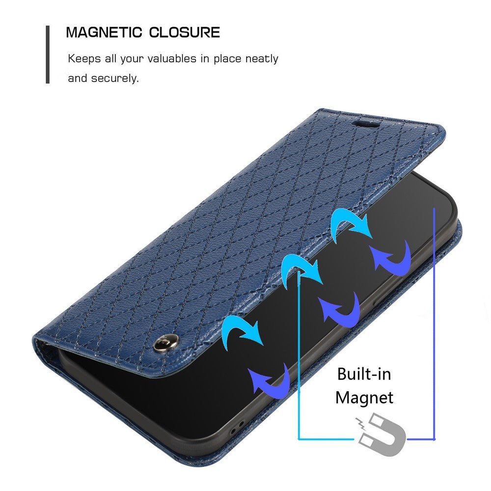RFID Blocking Phone Protective Case for Samsung Galaxy M33 5G (Global Version), Rhombus Embossing Magnetic Auto-closing Litchi Texture PU Leather Stand Wallet Cover - Blue