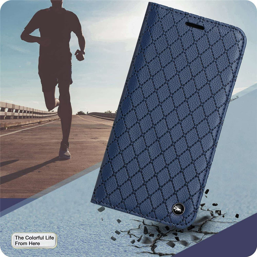 RFID Blocking Phone Protective Case for Samsung Galaxy M33 5G (Global Version), Rhombus Embossing Magnetic Auto-closing Litchi Texture PU Leather Stand Wallet Cover - Blue