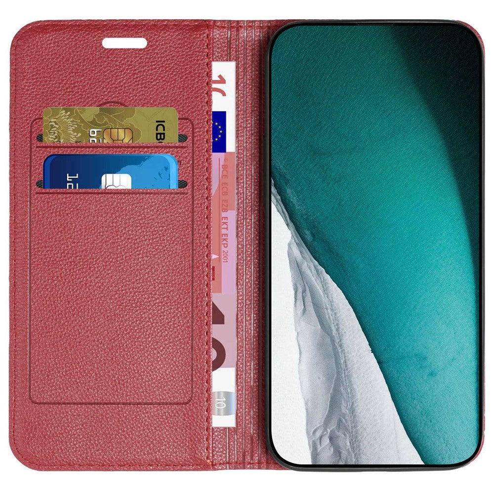 RFID Blocking Phone Protective Case for Samsung Galaxy M33 5G (Global Version), Rhombus Embossing Magnetic Auto-closing Litchi Texture PU Leather Stand Wallet Cover - Red