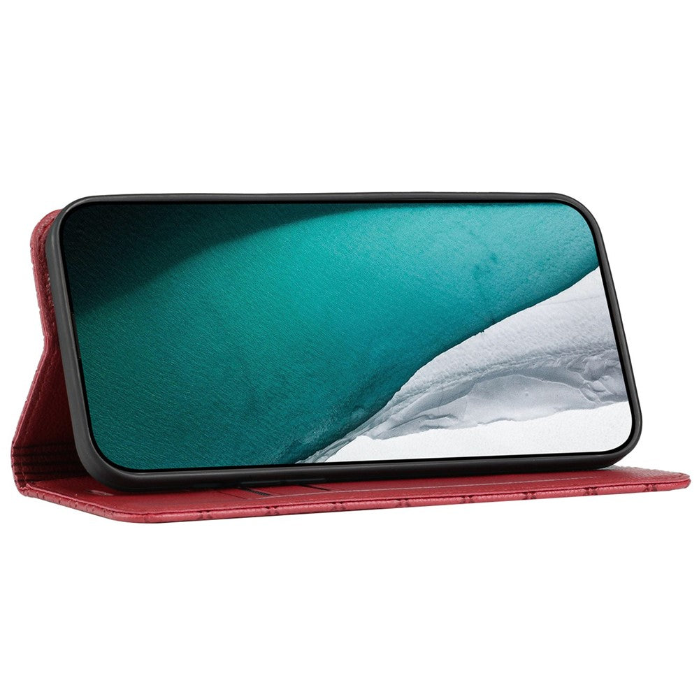 RFID Blocking Phone Protective Case for Samsung Galaxy M33 5G (Global Version), Rhombus Embossing Magnetic Auto-closing Litchi Texture PU Leather Stand Wallet Cover - Red