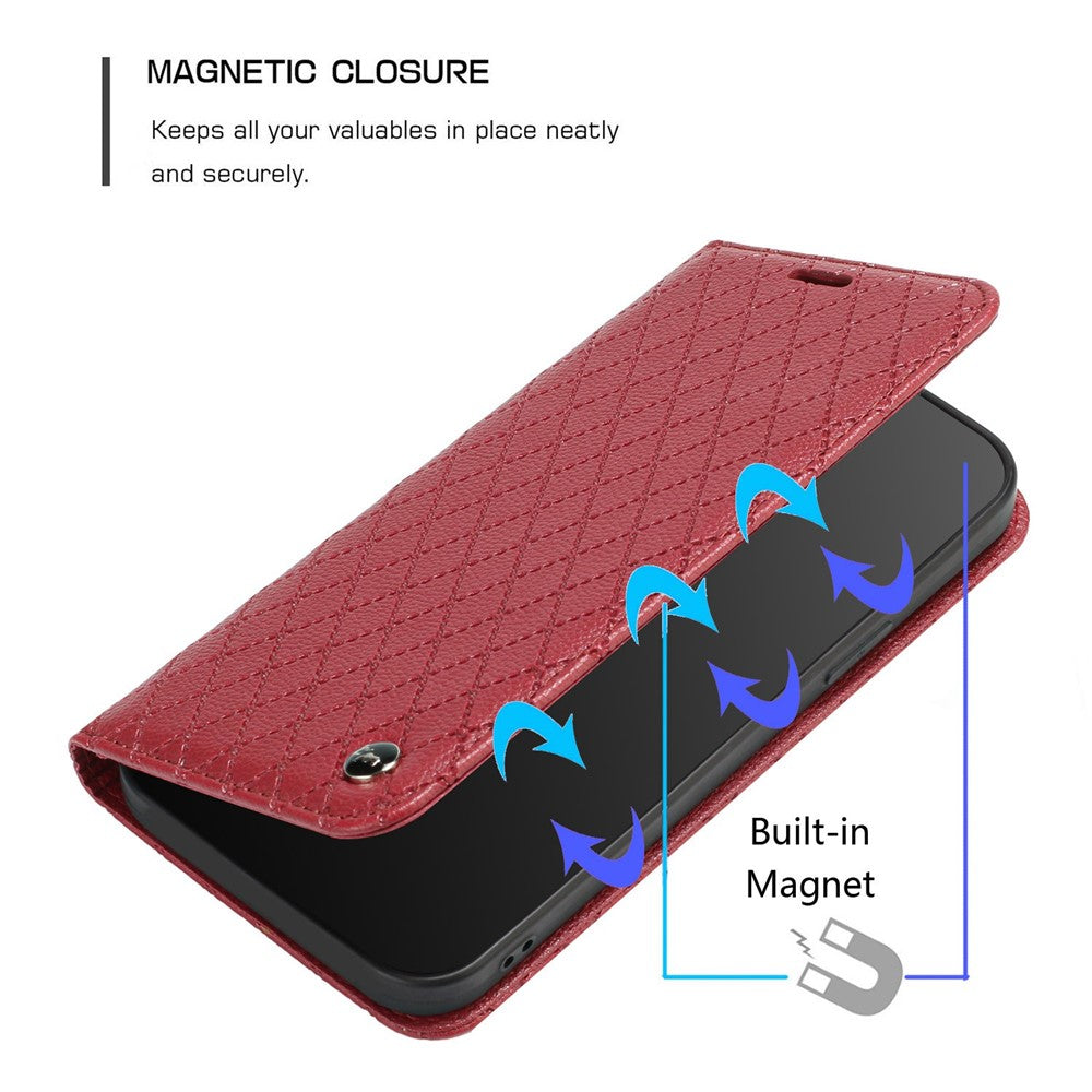 RFID Blocking Phone Protective Case for Samsung Galaxy M33 5G (Global Version), Rhombus Embossing Magnetic Auto-closing Litchi Texture PU Leather Stand Wallet Cover - Red