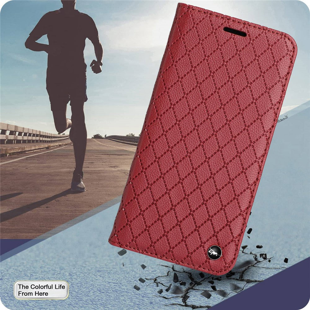 RFID Blocking Phone Protective Case for Samsung Galaxy M33 5G (Global Version), Rhombus Embossing Magnetic Auto-closing Litchi Texture PU Leather Stand Wallet Cover - Red