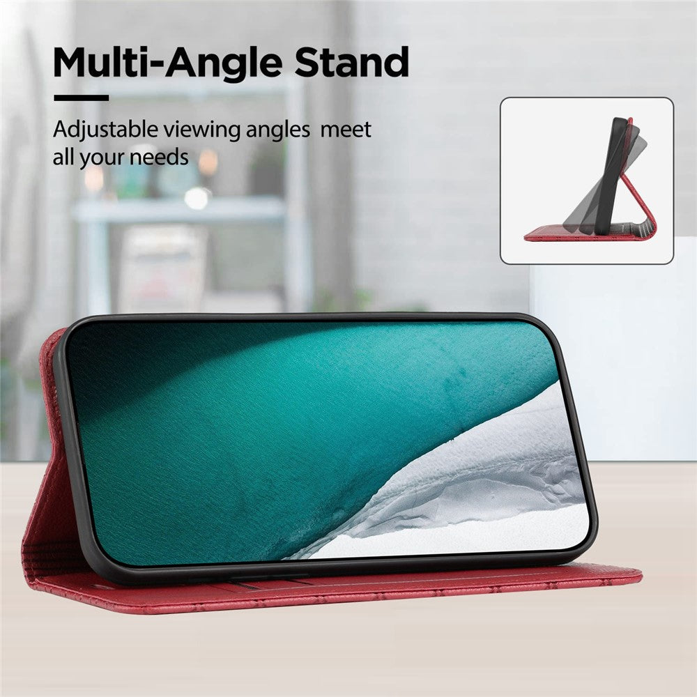 RFID Blocking Phone Protective Case for Samsung Galaxy M33 5G (Global Version), Rhombus Embossing Magnetic Auto-closing Litchi Texture PU Leather Stand Wallet Cover - Red