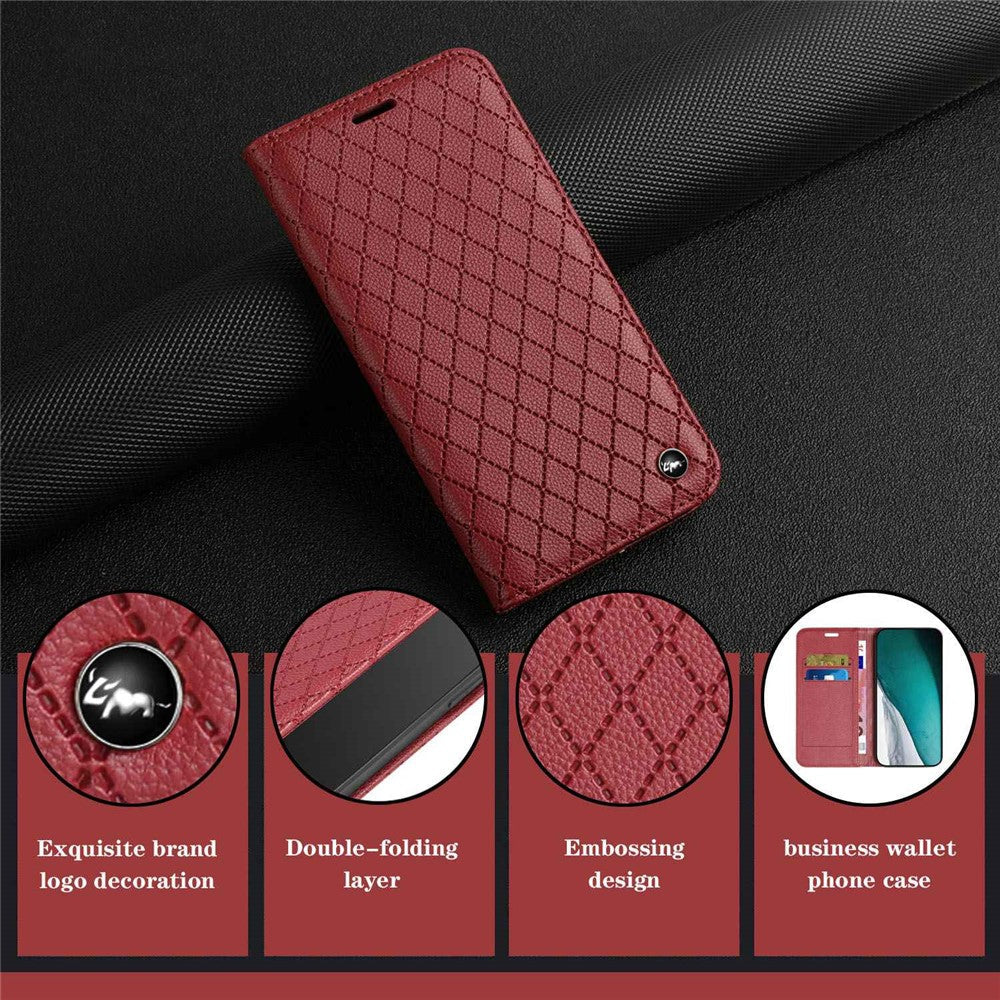 RFID Blocking Phone Protective Case for Samsung Galaxy M33 5G (Global Version), Rhombus Embossing Magnetic Auto-closing Litchi Texture PU Leather Stand Wallet Cover - Red