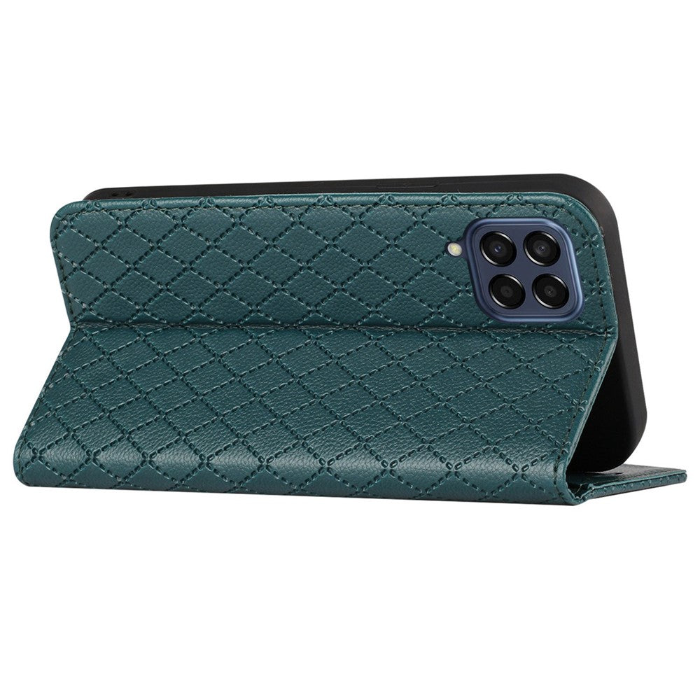 RFID Blocking Phone Protective Case for Samsung Galaxy M33 5G (Global Version), Rhombus Embossing Magnetic Auto-closing Litchi Texture PU Leather Stand Wallet Cover - Green