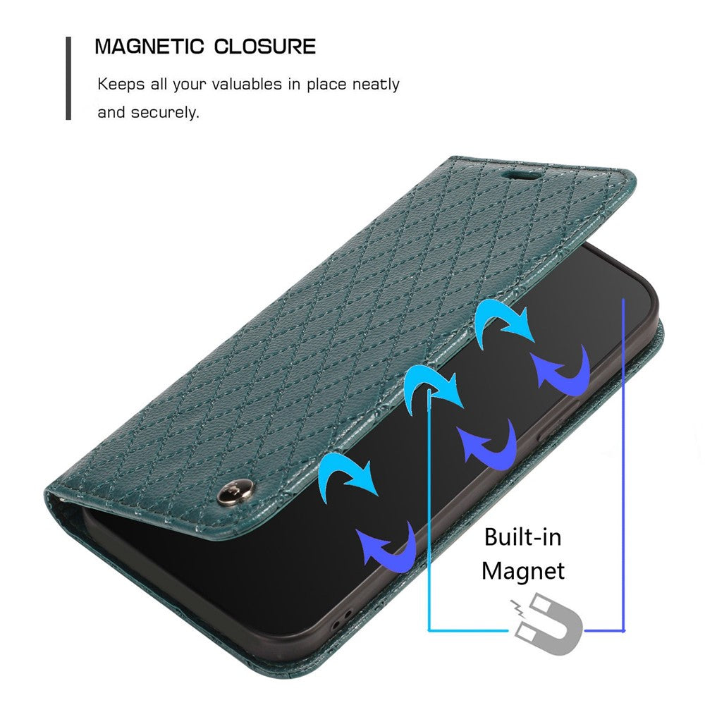 RFID Blocking Phone Protective Case for Samsung Galaxy M33 5G (Global Version), Rhombus Embossing Magnetic Auto-closing Litchi Texture PU Leather Stand Wallet Cover - Green