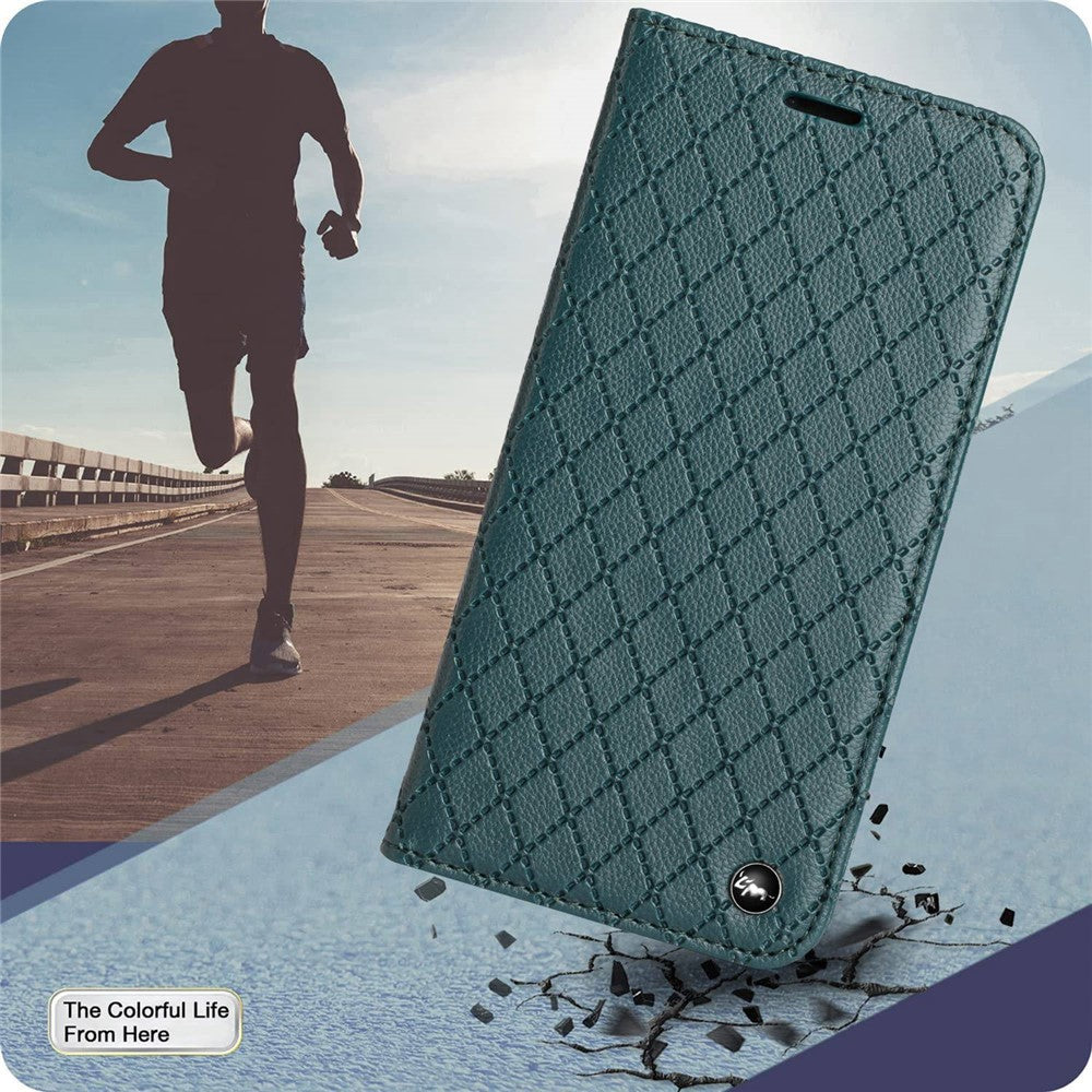 RFID Blocking Phone Protective Case for Samsung Galaxy M33 5G (Global Version), Rhombus Embossing Magnetic Auto-closing Litchi Texture PU Leather Stand Wallet Cover - Green