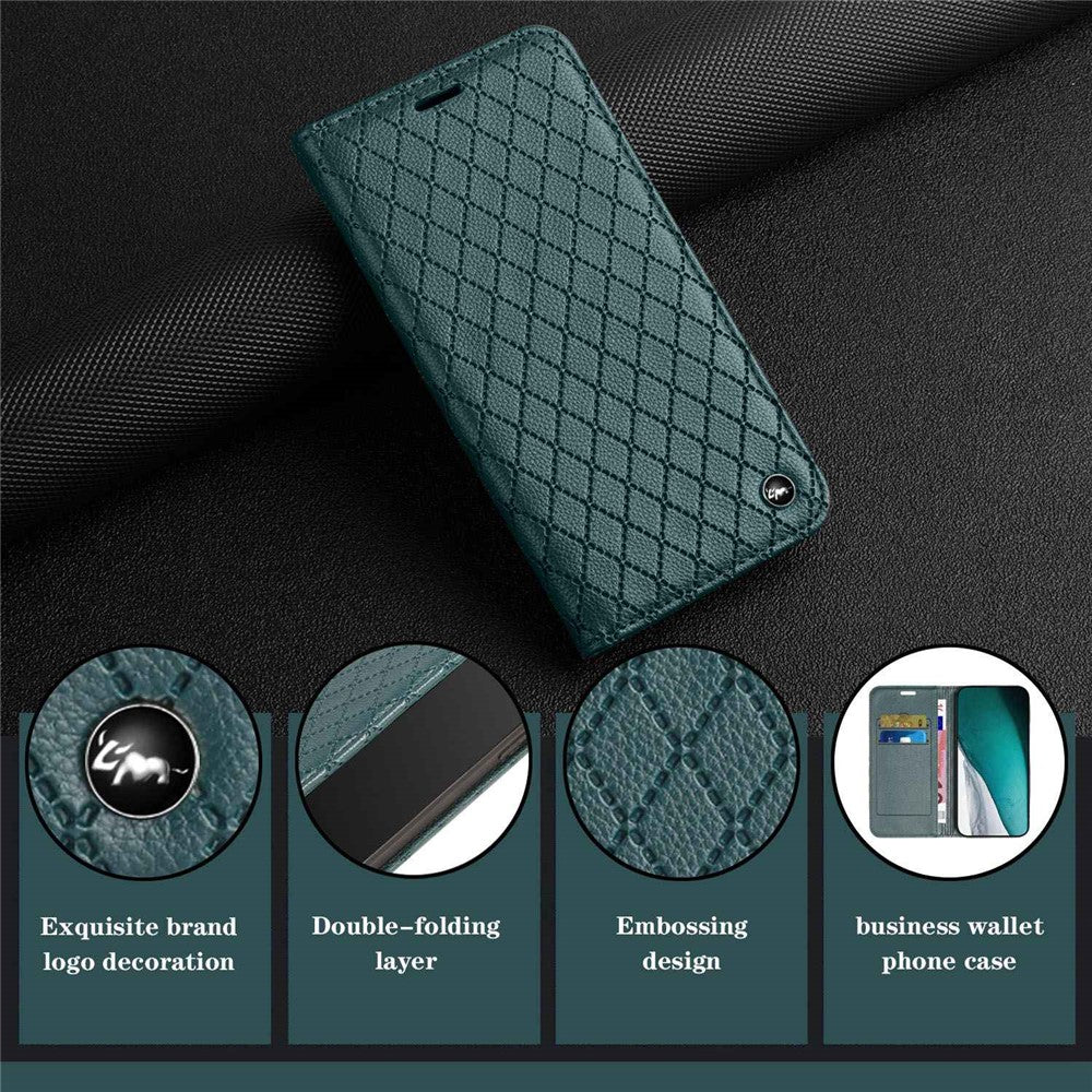 RFID Blocking Phone Protective Case for Samsung Galaxy M33 5G (Global Version), Rhombus Embossing Magnetic Auto-closing Litchi Texture PU Leather Stand Wallet Cover - Green