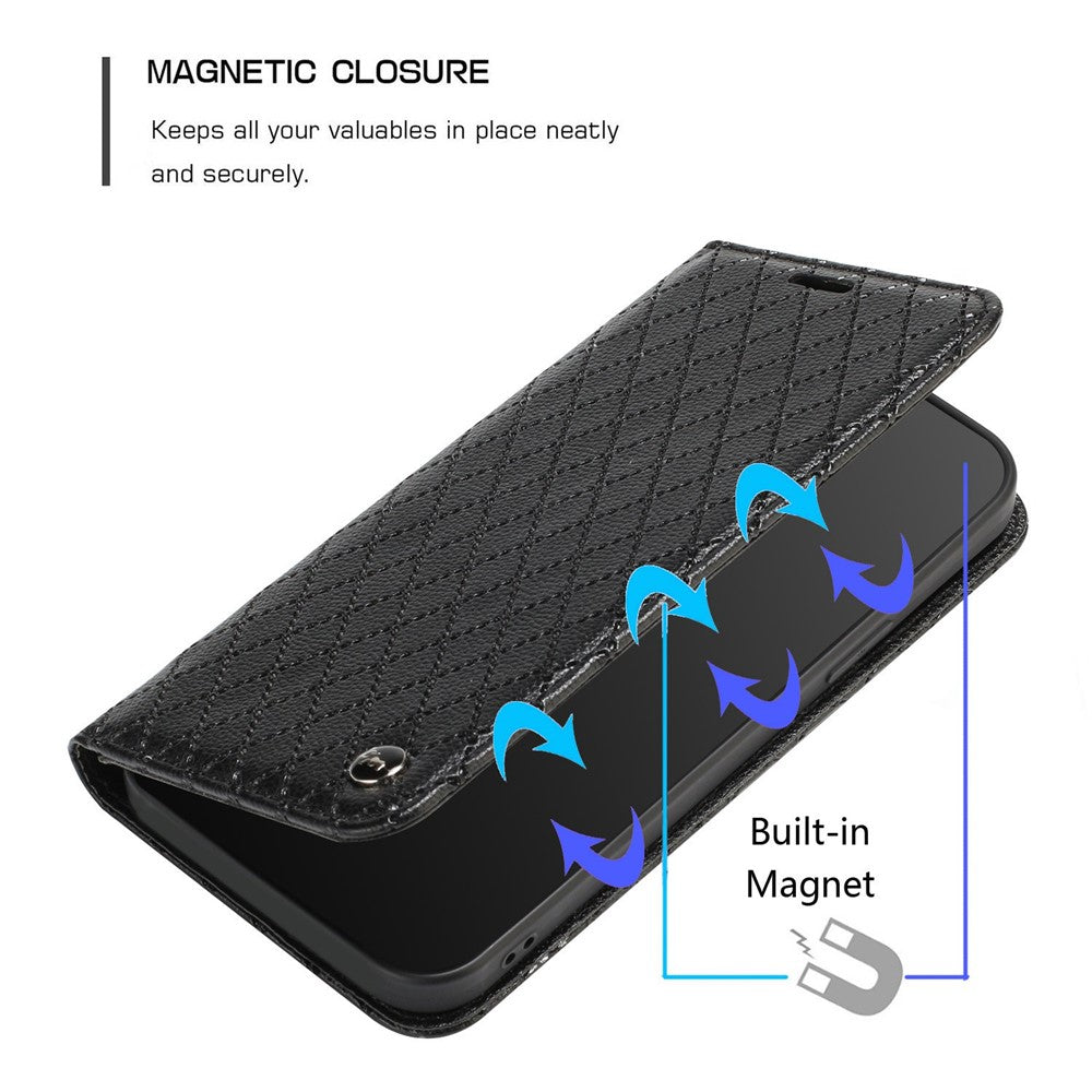RFID Blocking Phone Protective Case for Samsung Galaxy M33 5G (Global Version), Rhombus Embossing Magnetic Auto-closing Litchi Texture PU Leather Stand Wallet Cover - Black