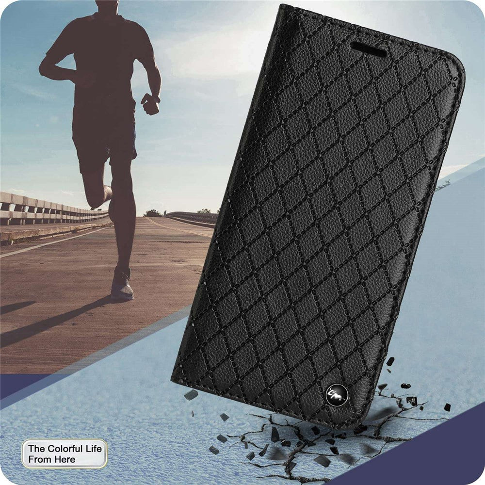 RFID Blocking Phone Protective Case for Samsung Galaxy M33 5G (Global Version), Rhombus Embossing Magnetic Auto-closing Litchi Texture PU Leather Stand Wallet Cover - Black