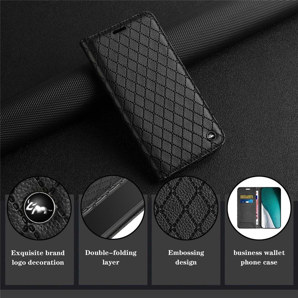 RFID Blocking Phone Protective Case for Samsung Galaxy M33 5G (Global Version), Rhombus Embossing Magnetic Auto-closing Litchi Texture PU Leather Stand Wallet Cover - Black