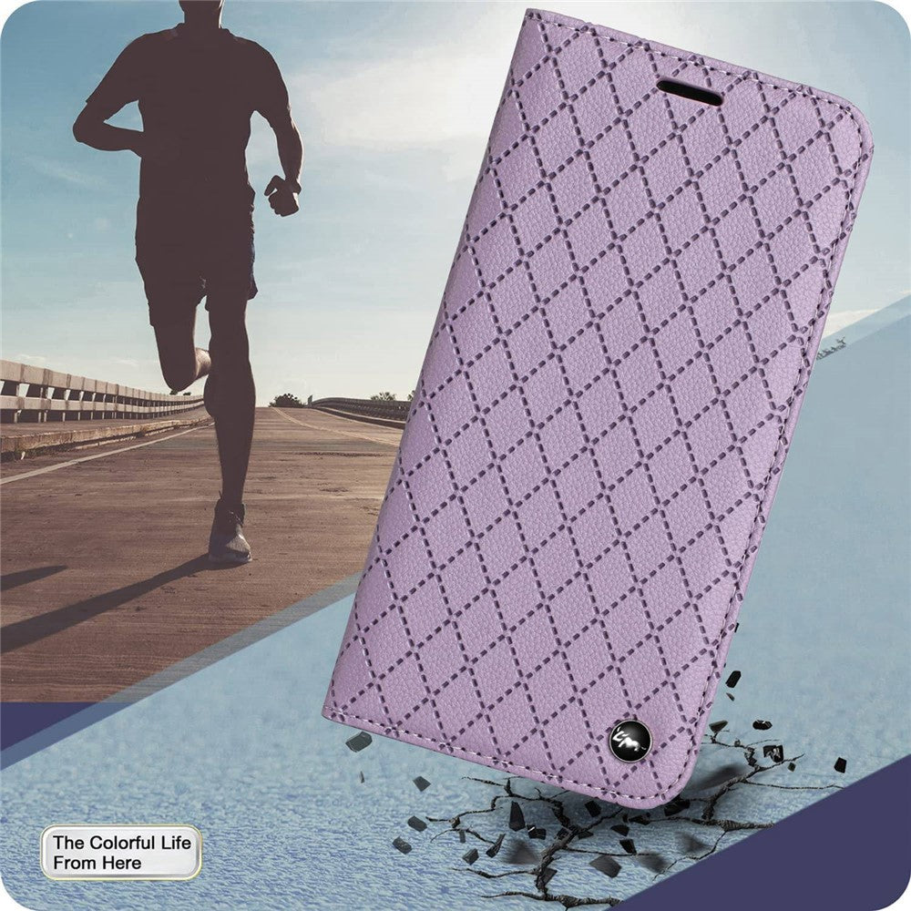 RFID Blocking Phone Protective Case for Samsung Galaxy M33 5G (Global Version), Rhombus Embossing Magnetic Auto-closing Litchi Texture PU Leather Stand Wallet Cover - Purple