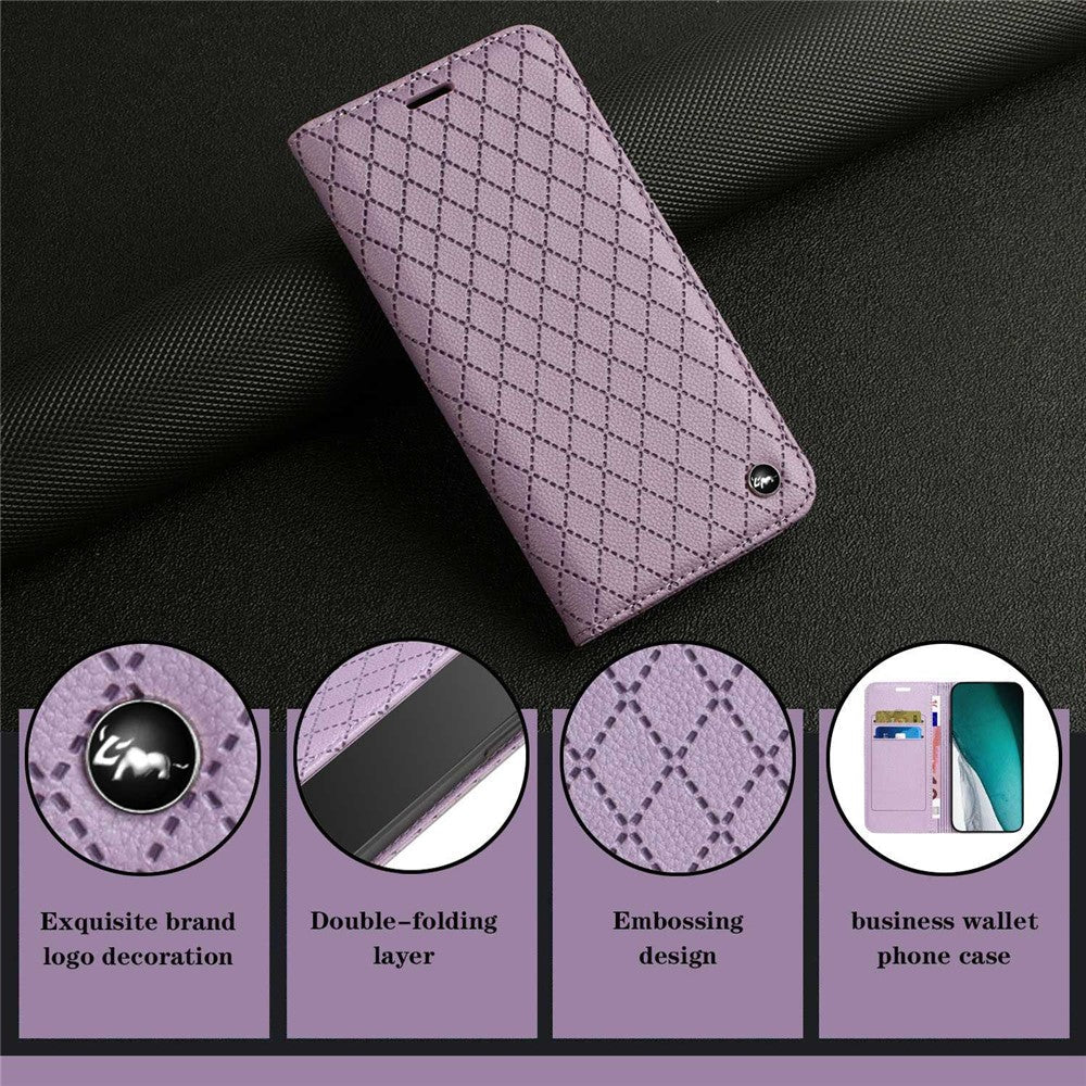 RFID Blocking Phone Protective Case for Samsung Galaxy M33 5G (Global Version), Rhombus Embossing Magnetic Auto-closing Litchi Texture PU Leather Stand Wallet Cover - Purple