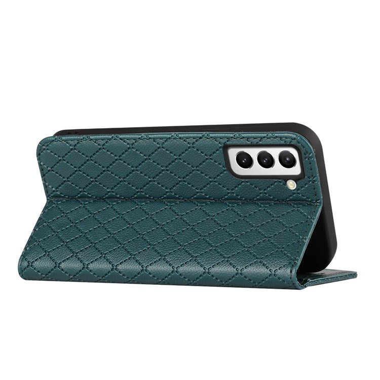 For Samsung Galaxy S22+ 5G RFID Blocking PU Leather Flip Stand Anti-drop Cover Rhombus Embossing Litchi Texture Phone Wallet Case - Green